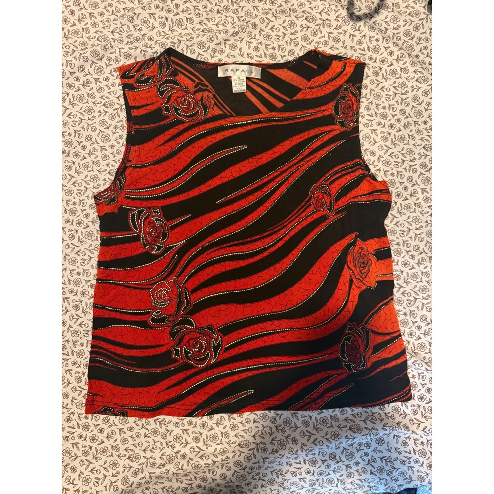 Rafael Womens Red Black Abstract Zebra Rose Print Sleeveless Top Small